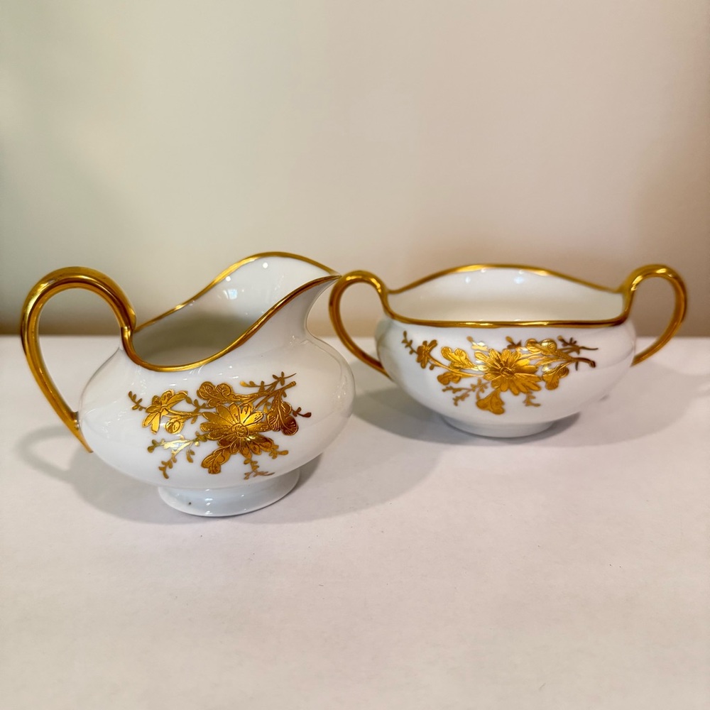 Limoges Sugar And Creamer Set Gold & White Victorian Style France Vintage Dainty